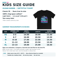 Kids size guide for the Gildan 6400B Softstyle T-shirt, showing a black graphic T-shirt on the right and a size chart table on the left with age, width, length, and sleeve measurements for XS through XL.