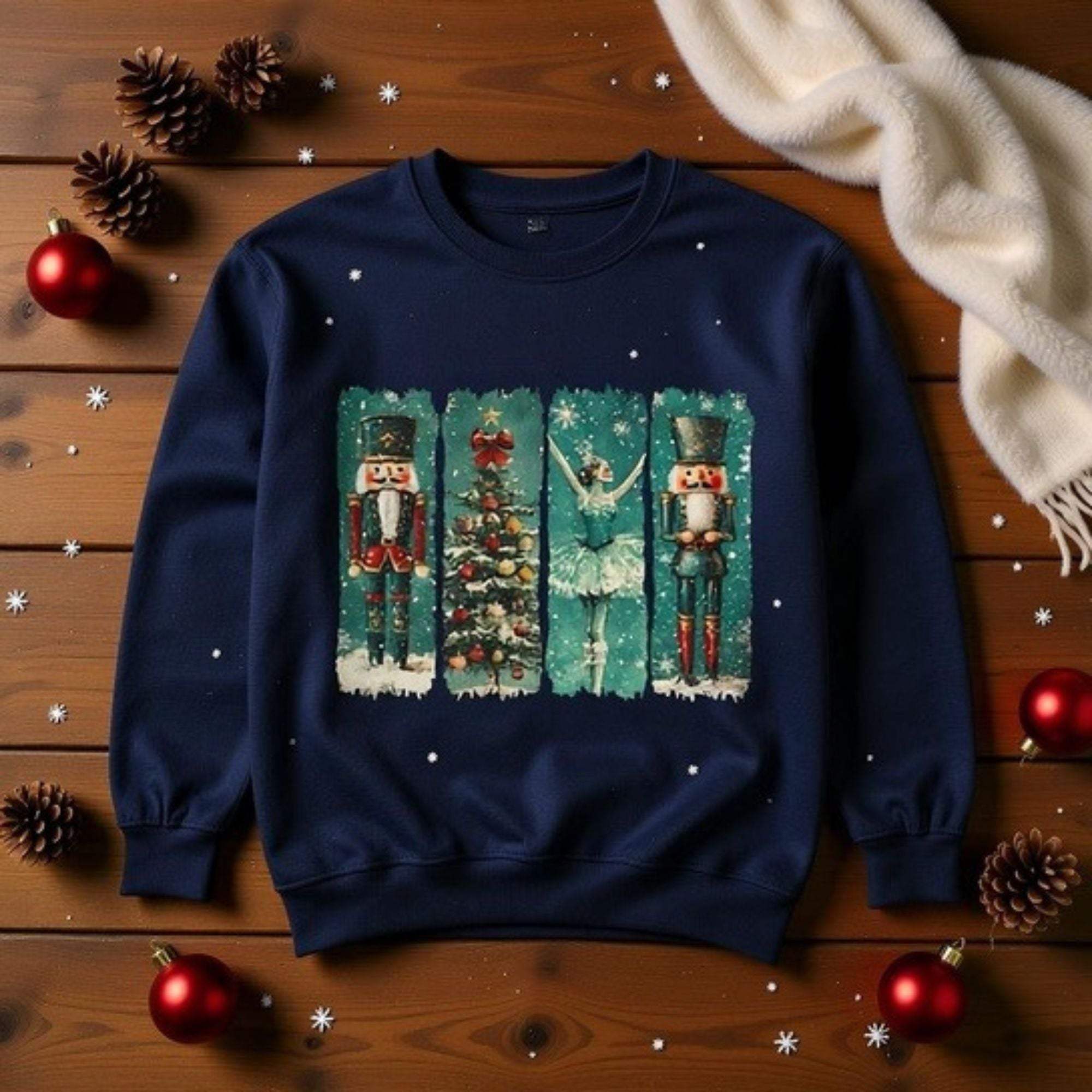 Navy sweatshirt with vintage Christmas nutcracker and holiday watercolor design