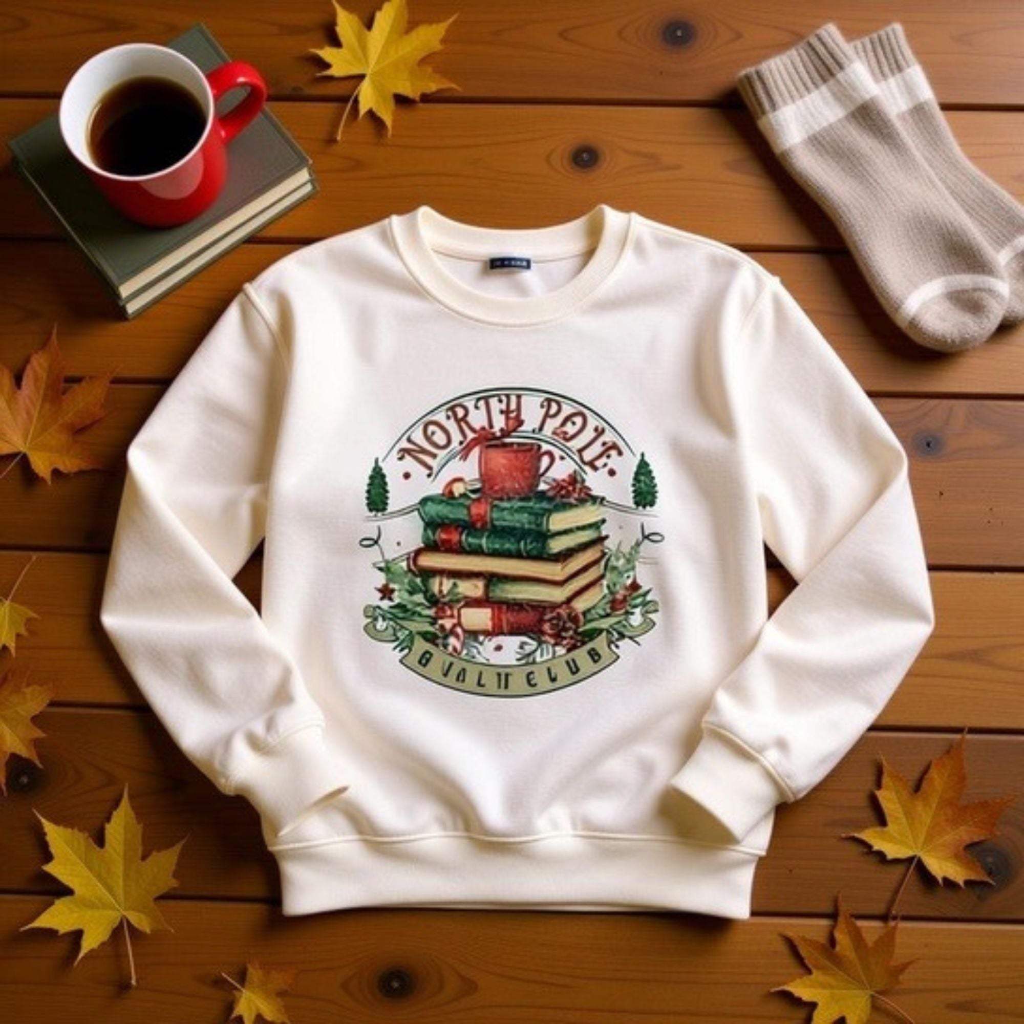 Vintage North Pole Book Club sweatshirt with cozy holiday book stack design on white background