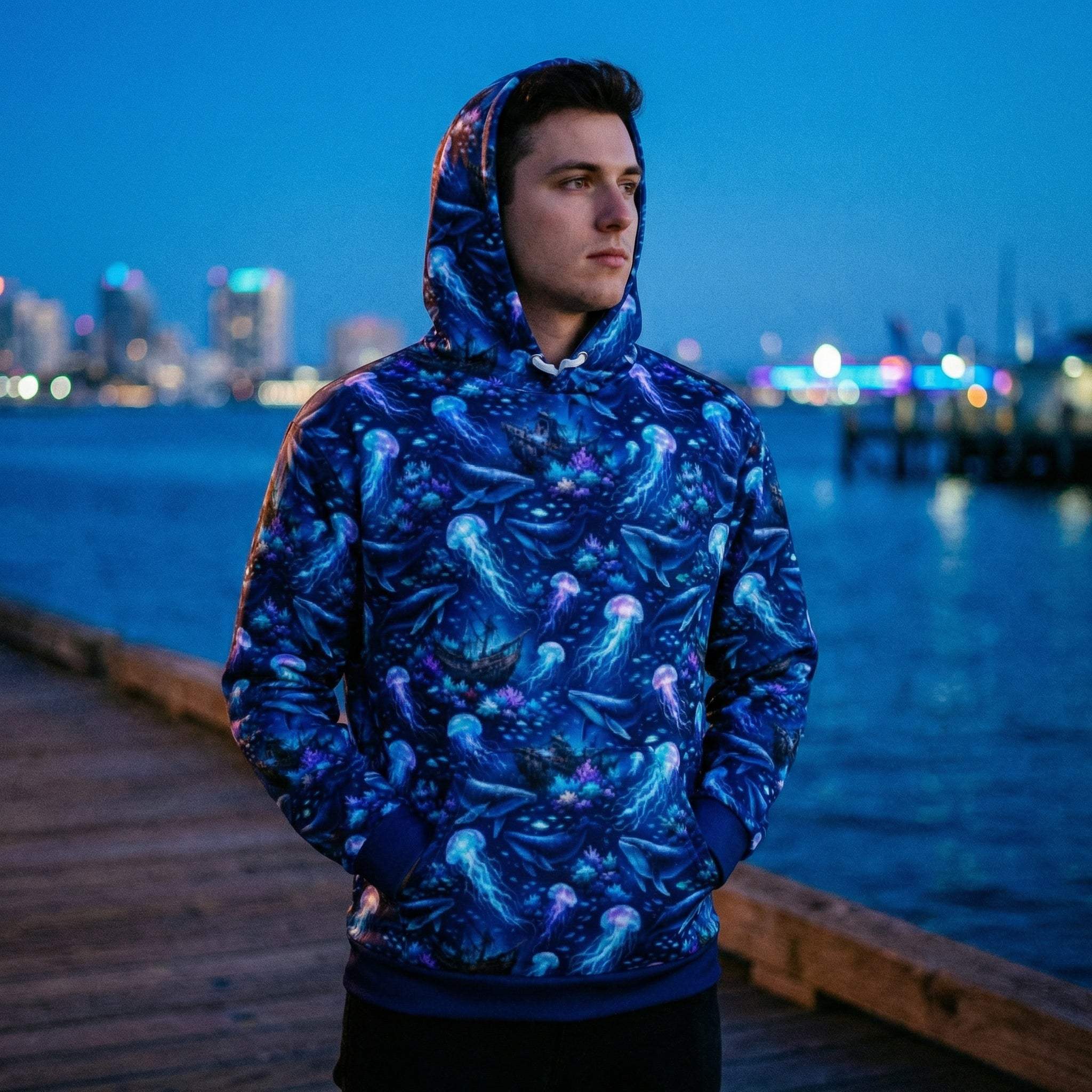 Unisex cotton hoodie with ocean jellyfish and whale marine design