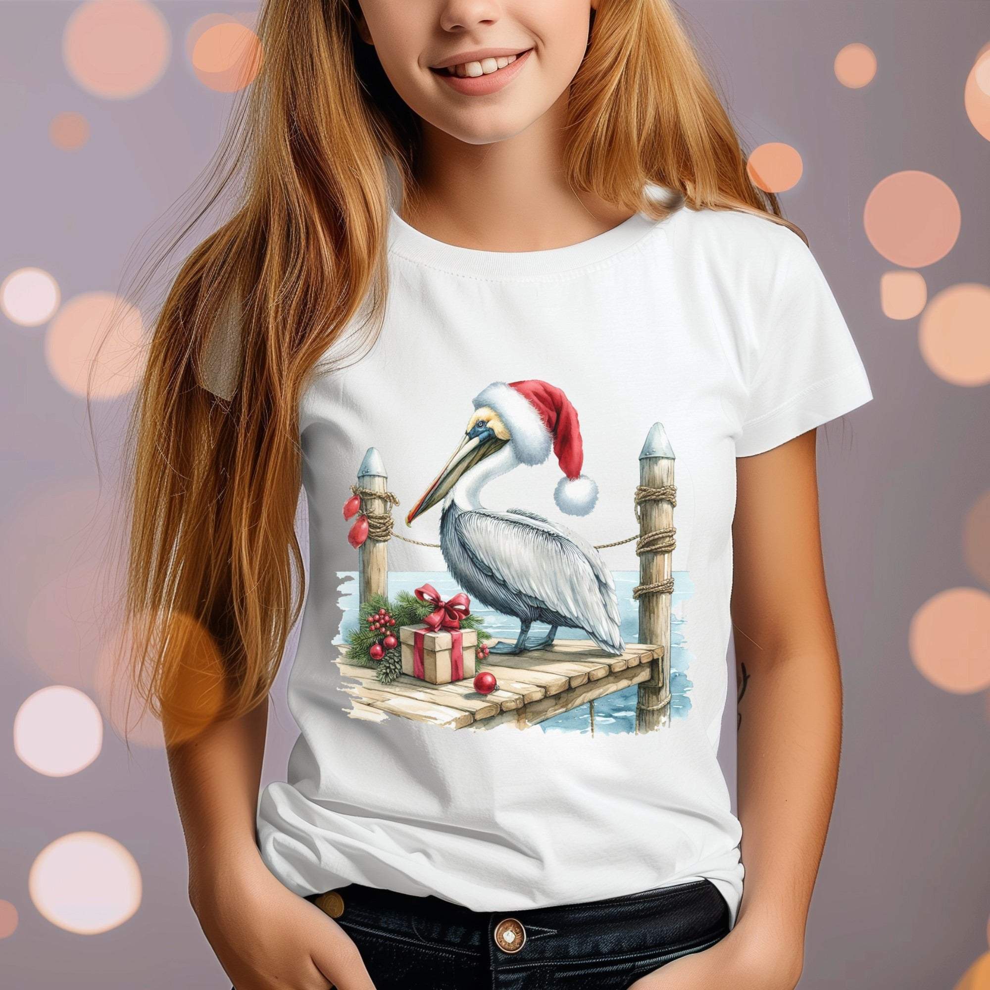 Black youth t-shirt featuring a festive Pelican Santa Hat design for a coastal Christmas celebration