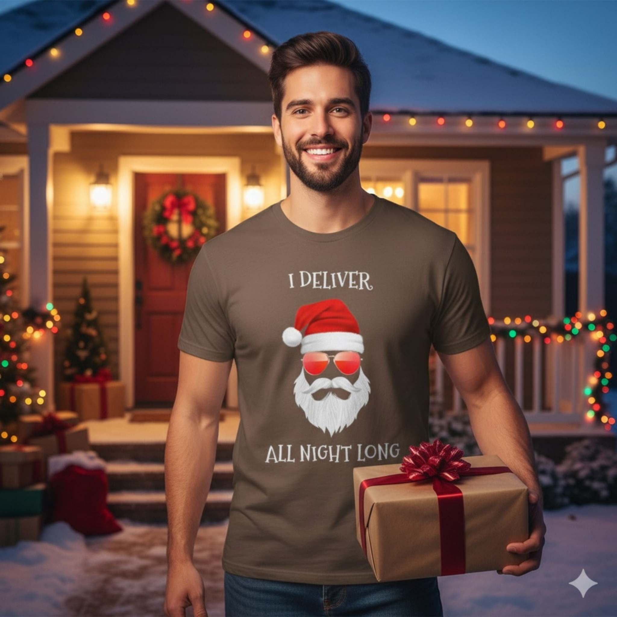 Man wearing Santa I Deliver All Night Long Christmas T-shirt holding wrapped gift outside decorated house at night