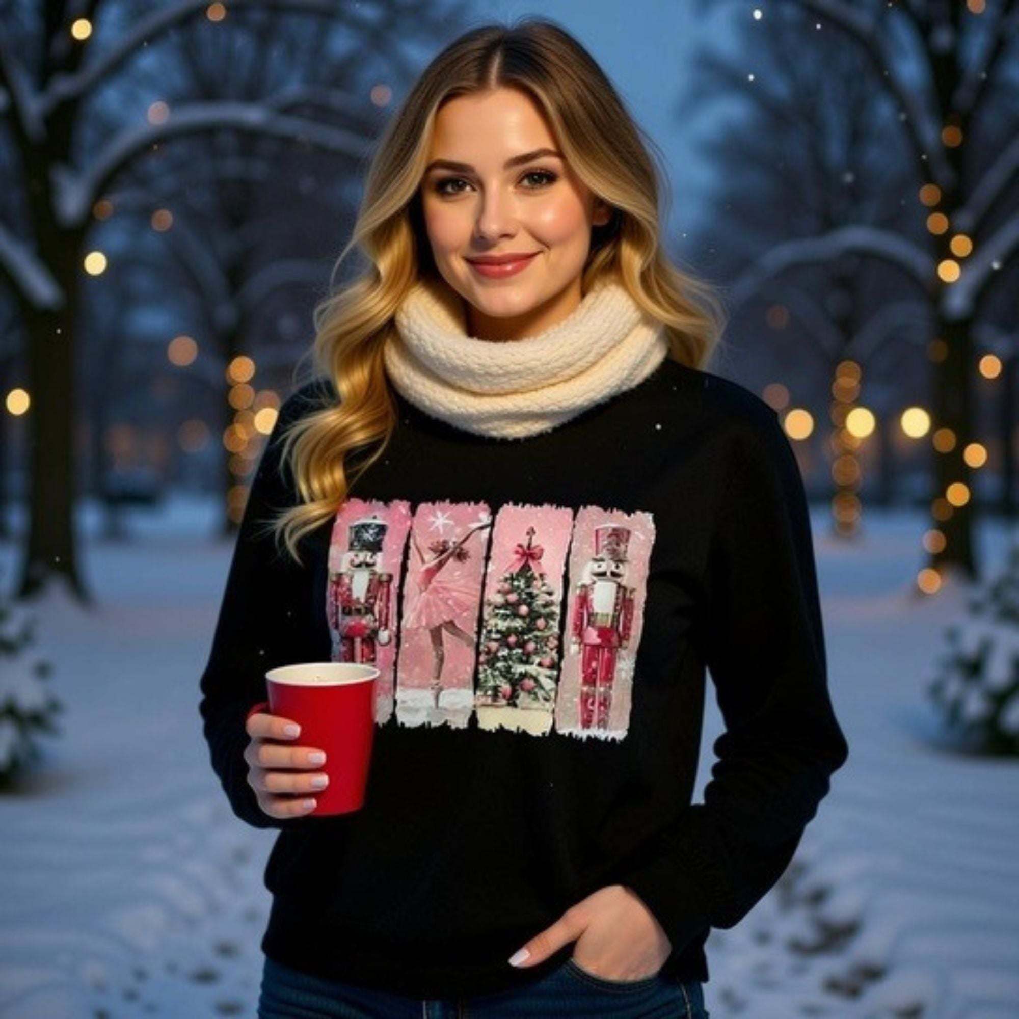 Woman wearing long sleeve t-shirt with pink Christmas Nutcracker watercolor swatches design outdoors at night