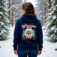 Vintage preppy pink fleece hoodie with snow globe design, cozy and warm for casual wear