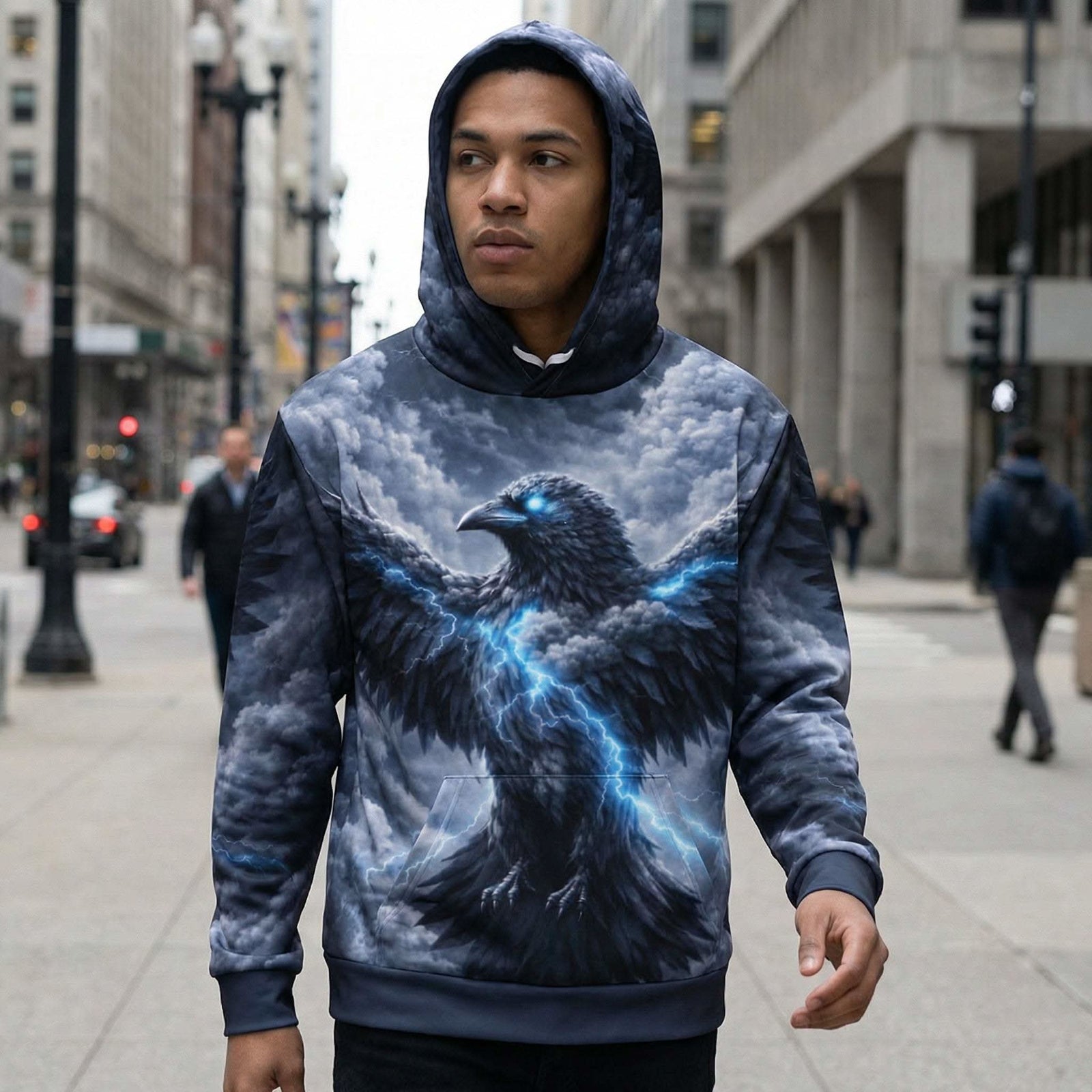 Storm Raven hoodie with all-over raven storm print, unisex cotton streetwear hoodie with relaxed fit and double-layer hood