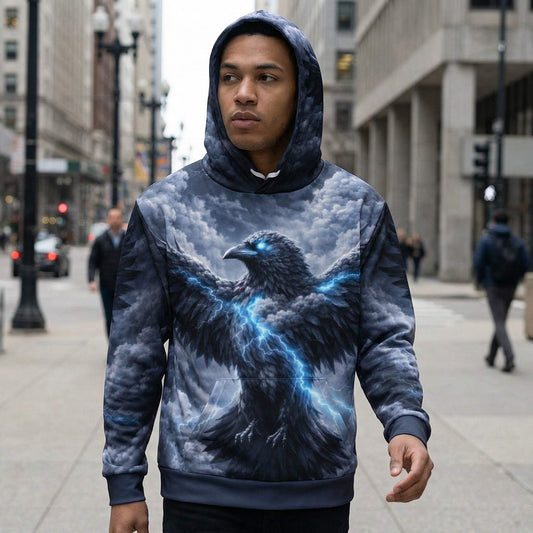 Storm Raven hoodie with all-over print, relaxed unisex fit, and soft cotton fabric