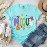 Chalky Mint NICU nurse Halloween T-shirt with colorful crayon-style lettering, a smiling ghost in a purple beanie, pumpkin, and candy corn.