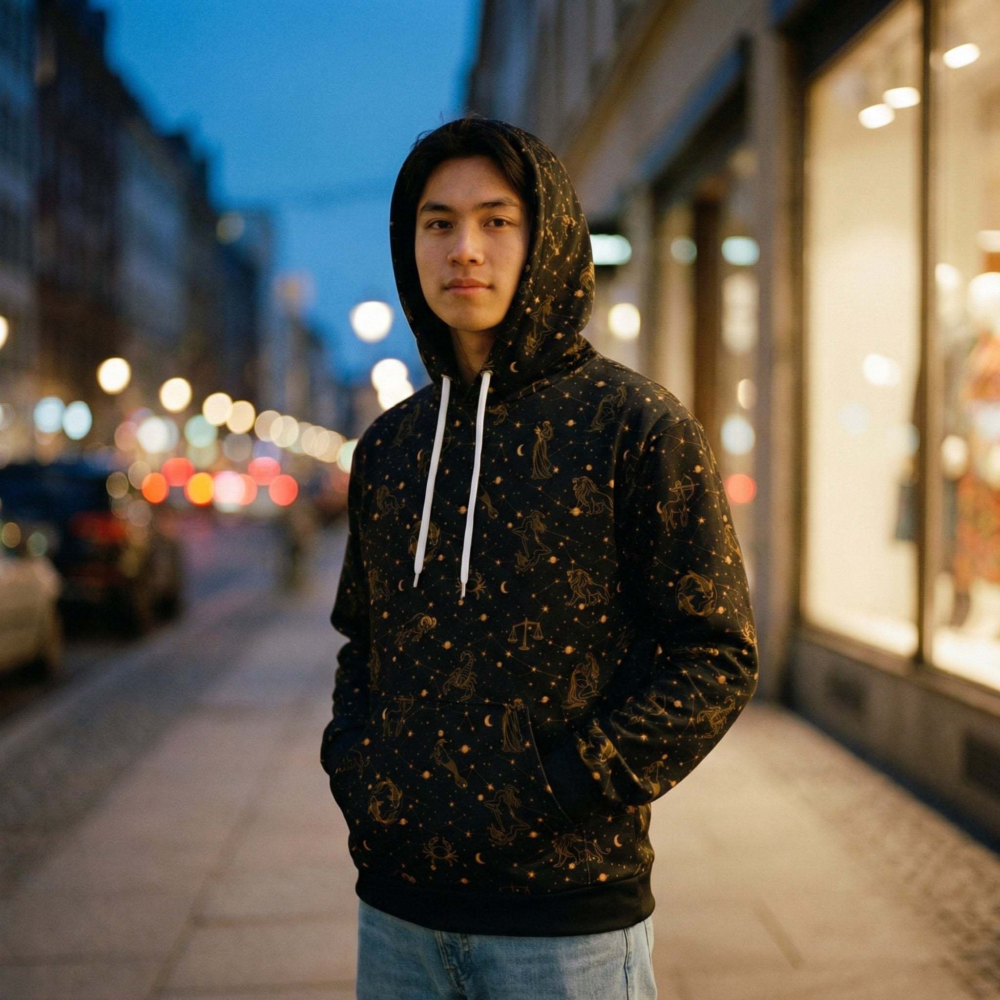 Black Zodiac Constellation unisex cotton hoodie with celestial design