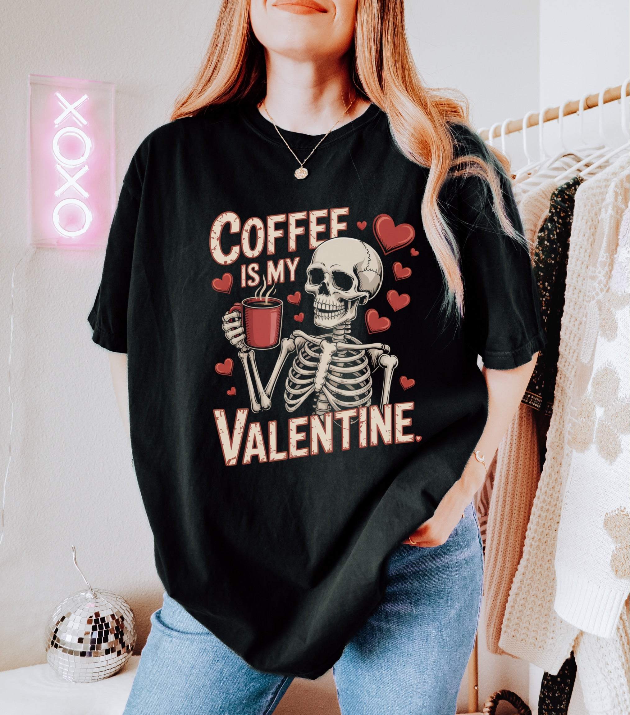 Coffee Is My Valentine skeleton graphic on vintage-washed relaxed fit t-shirt