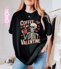 Coffee Is My Valentine skeleton graphic vintage-washed t-shirt with soft fabric and casual fit