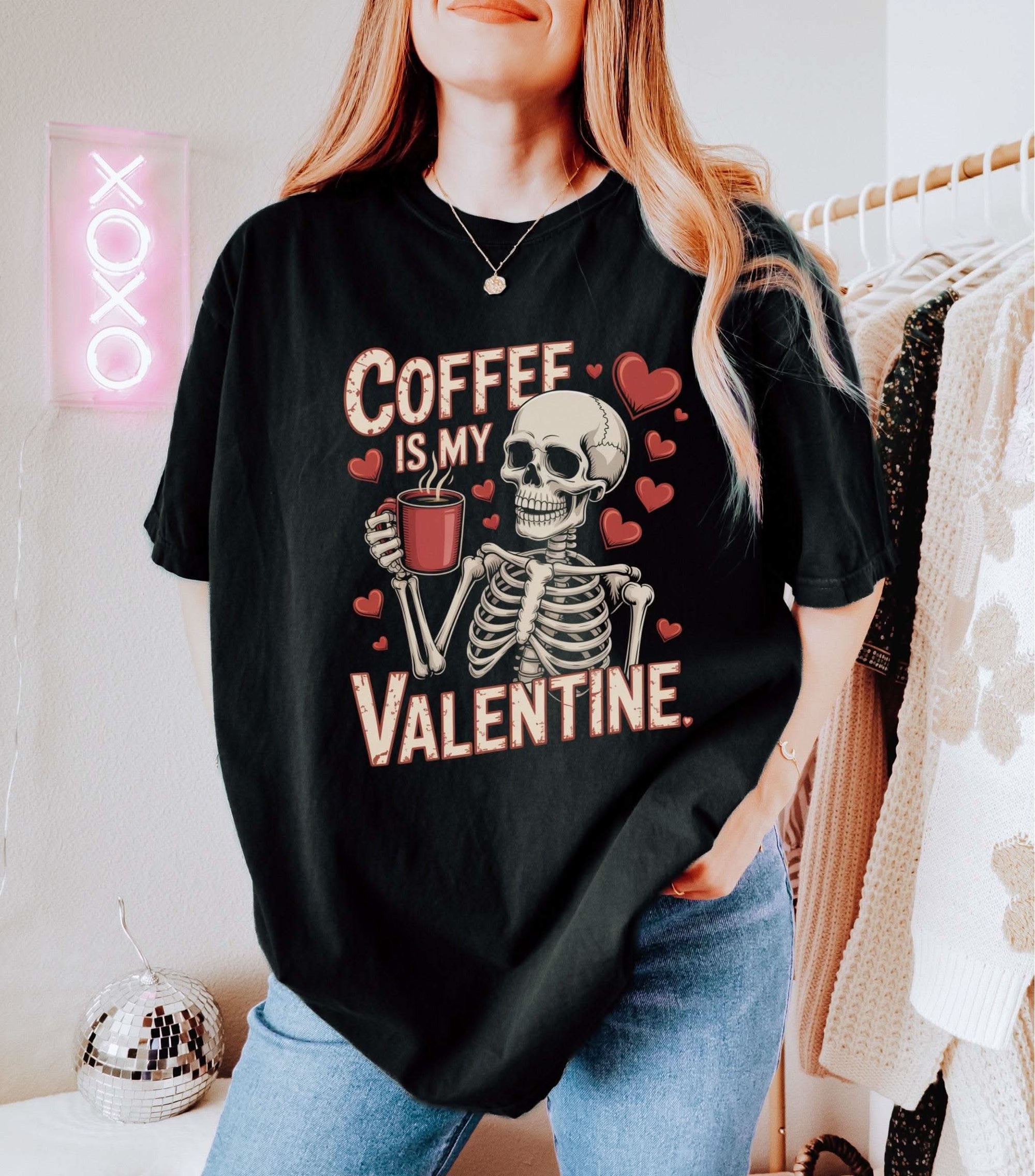 Coffee Is My Valentine skeleton graphic vintage-washed t-shirt with soft fabric and casual fit