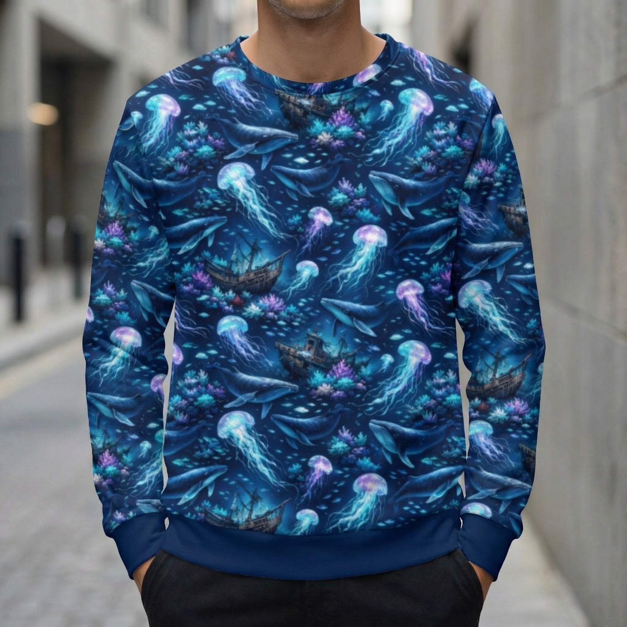 Ocean Jellyfish Whale Sweatshirt - All Over Print Marine Life Sea Turtle Unisex Pullover