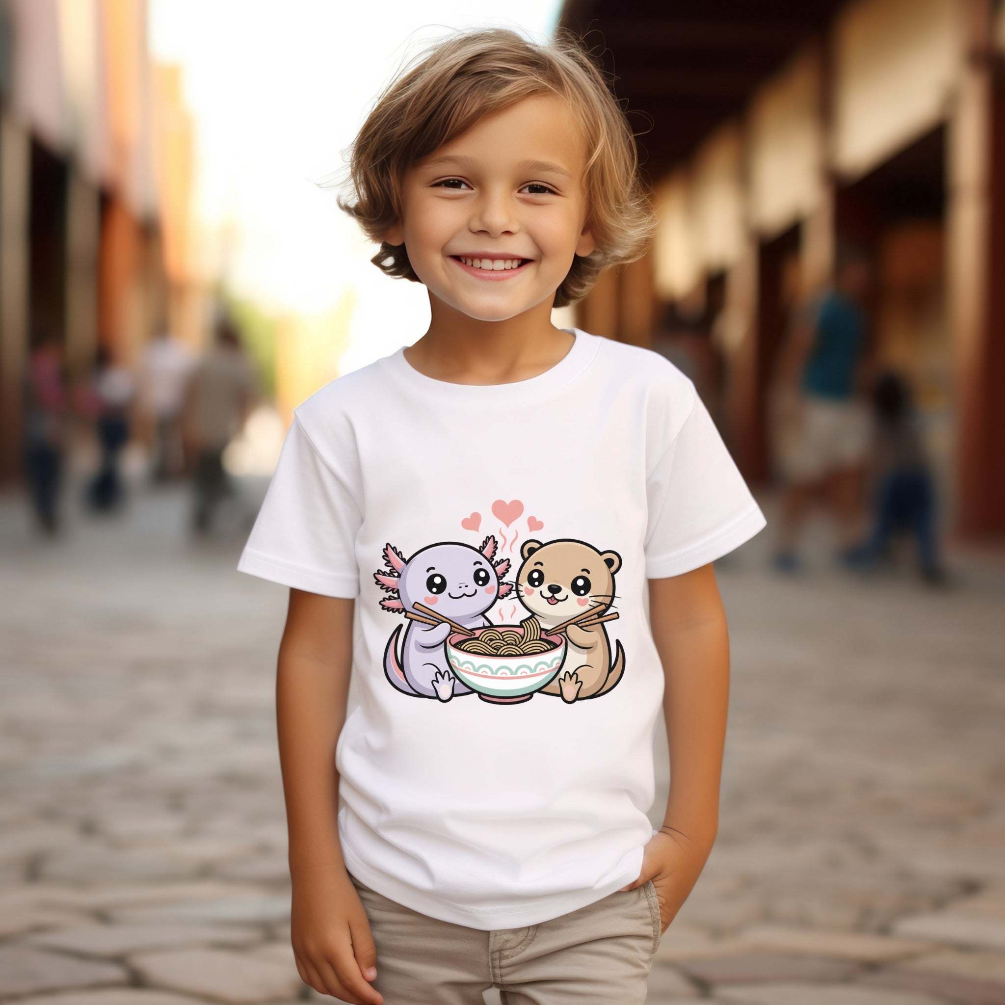 Cute kawaii animal kids shirt featuring axolotl and otter sharing ramen bowl on lightweight cotton tee