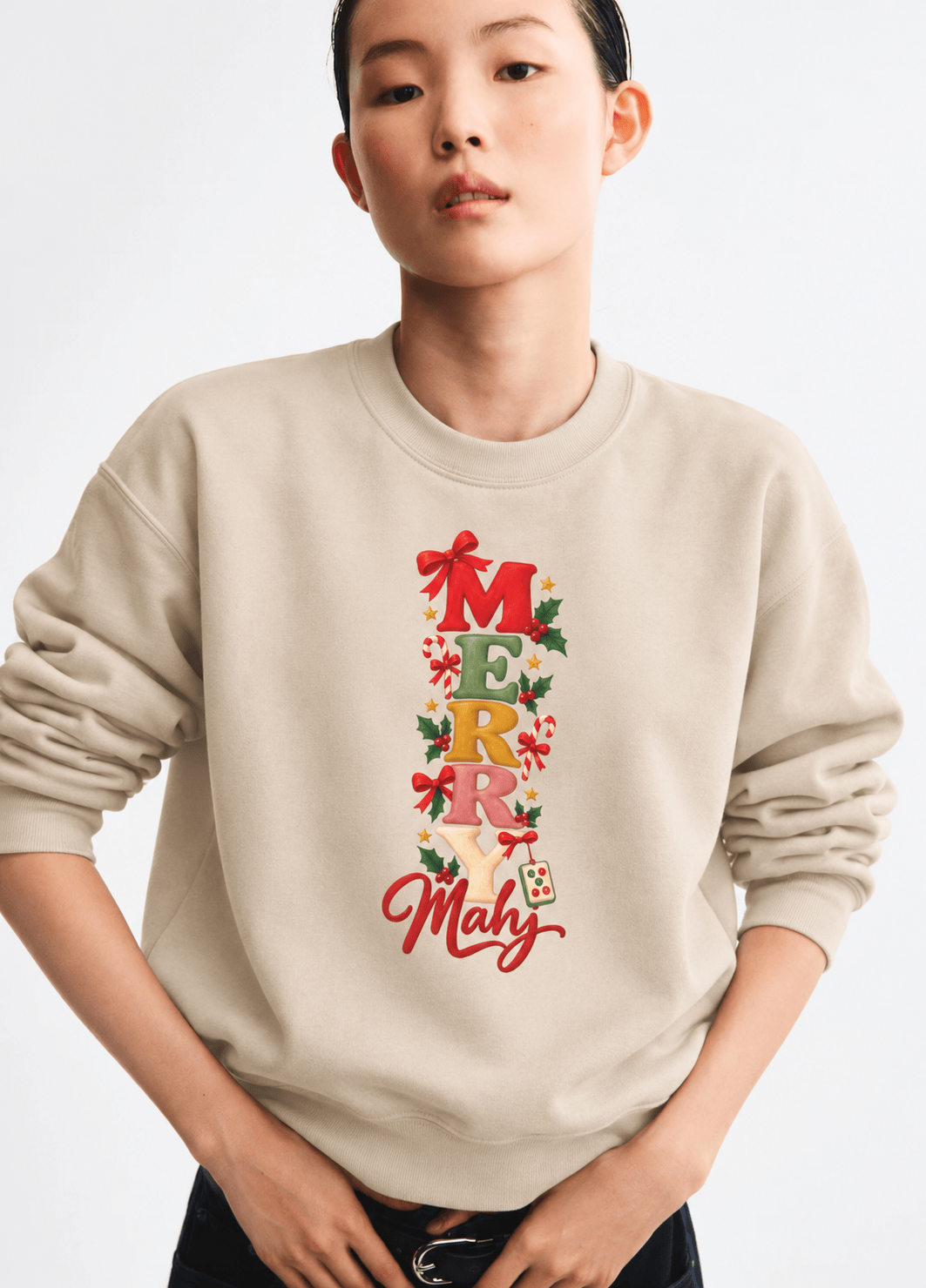 Christmas Mahjong Sweatshirt – Merry Mahj Crewneck in Sand