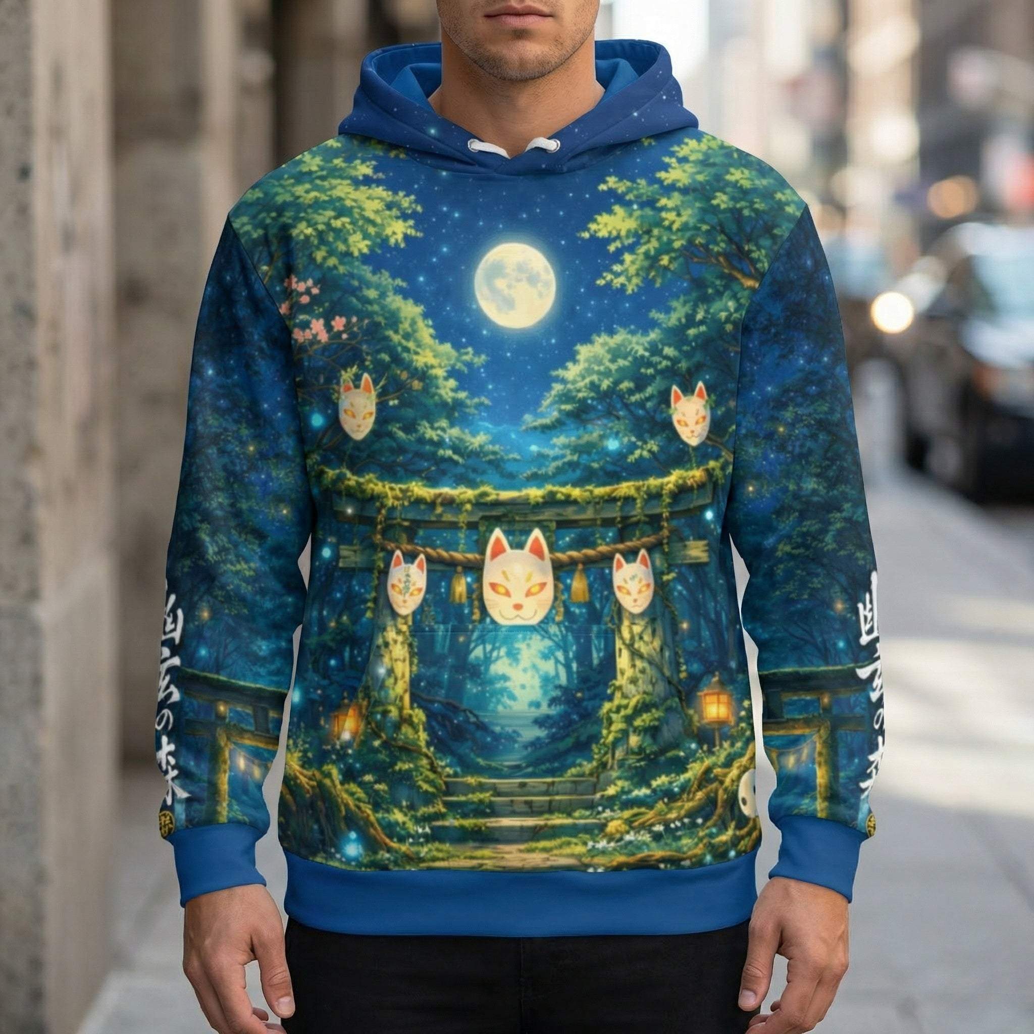 Japanese Spirit Forest Hoodie with mystical yokai forest and anime-inspired design in blues and greens