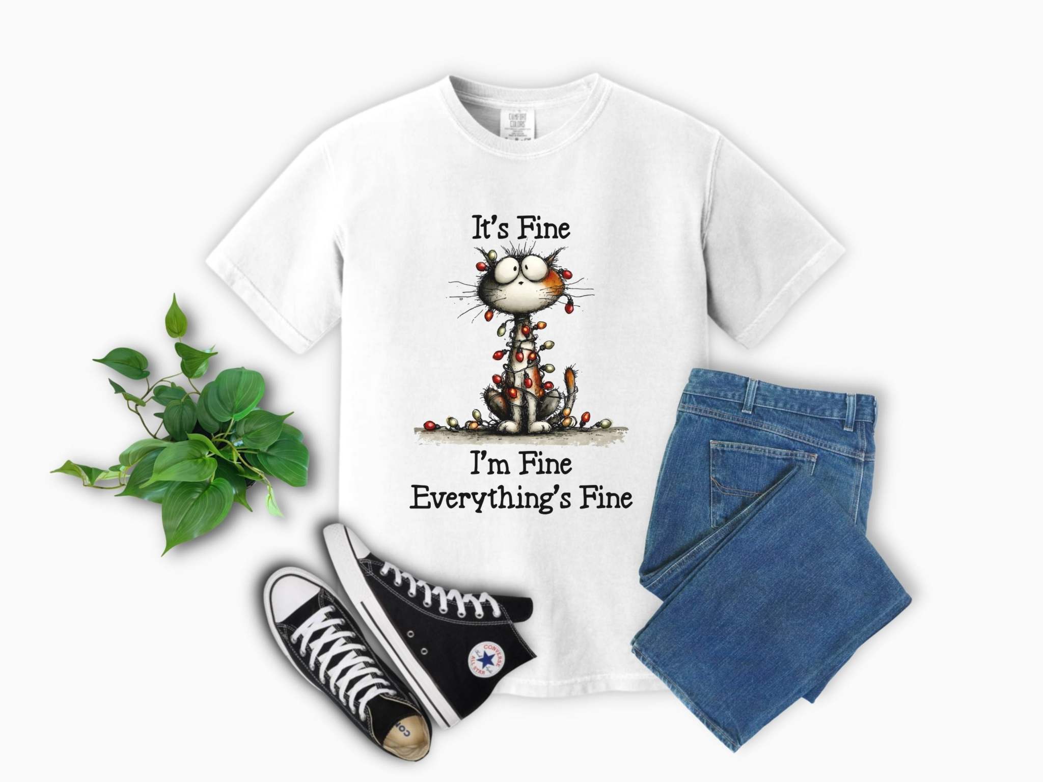 True Navy cat graphic t-shirt with 'It’s Fine, I’m Fine, Everything’s Fine' text for cat lovers by Printify