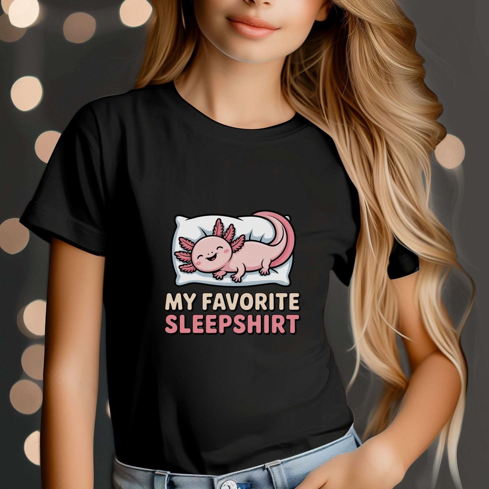 Child wearing Sleepshirt Axolotl Youth Tee with sleepy axolotl illustration on soft cotton fabric