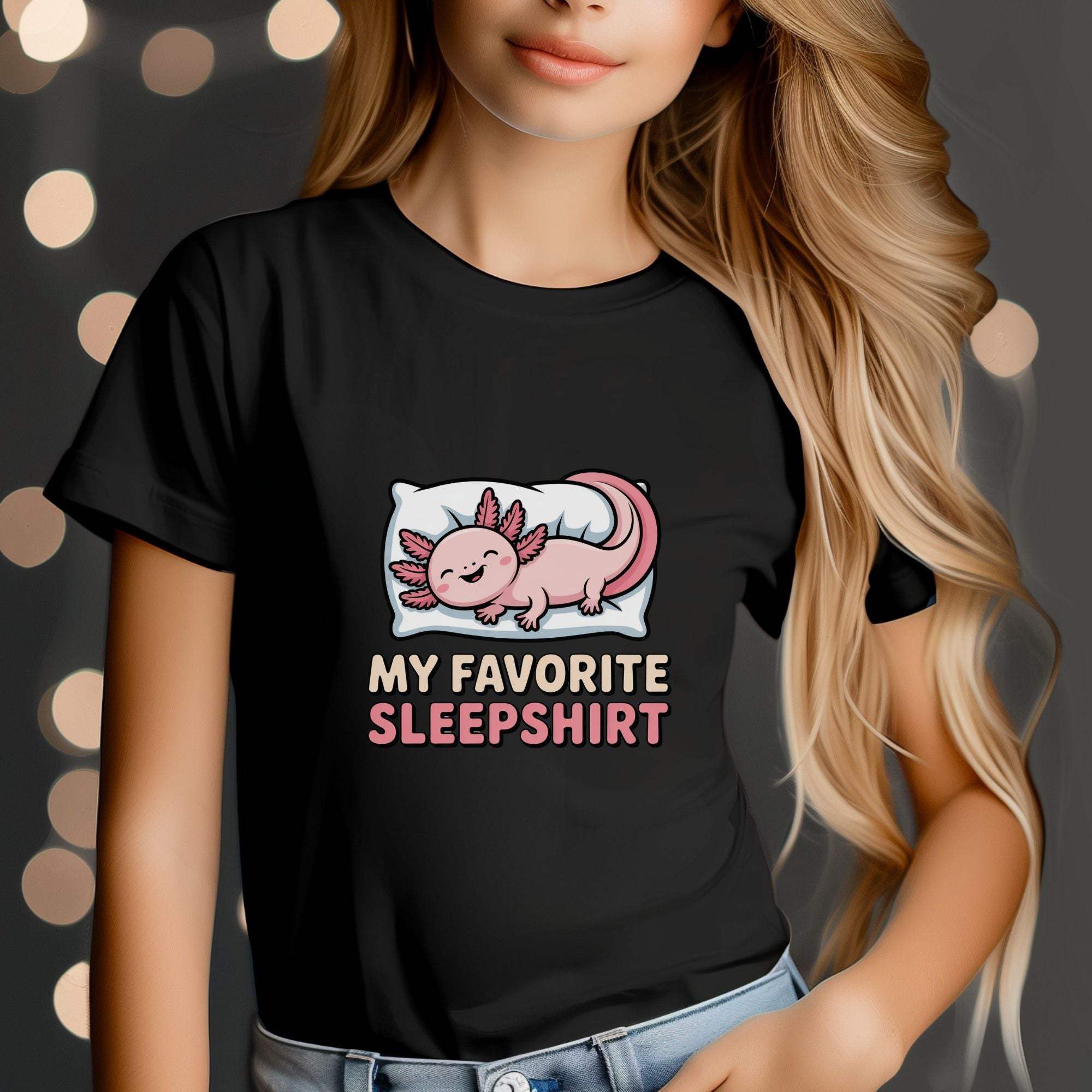 Youth tee with sleepy axolotl illustration and "My Favorite Sleepshirt" text on black cotton fabric