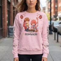 Chibi Food Festival Sweatshirt with colorful kawaii anime street food characters all over print, unisex cotton crewneck