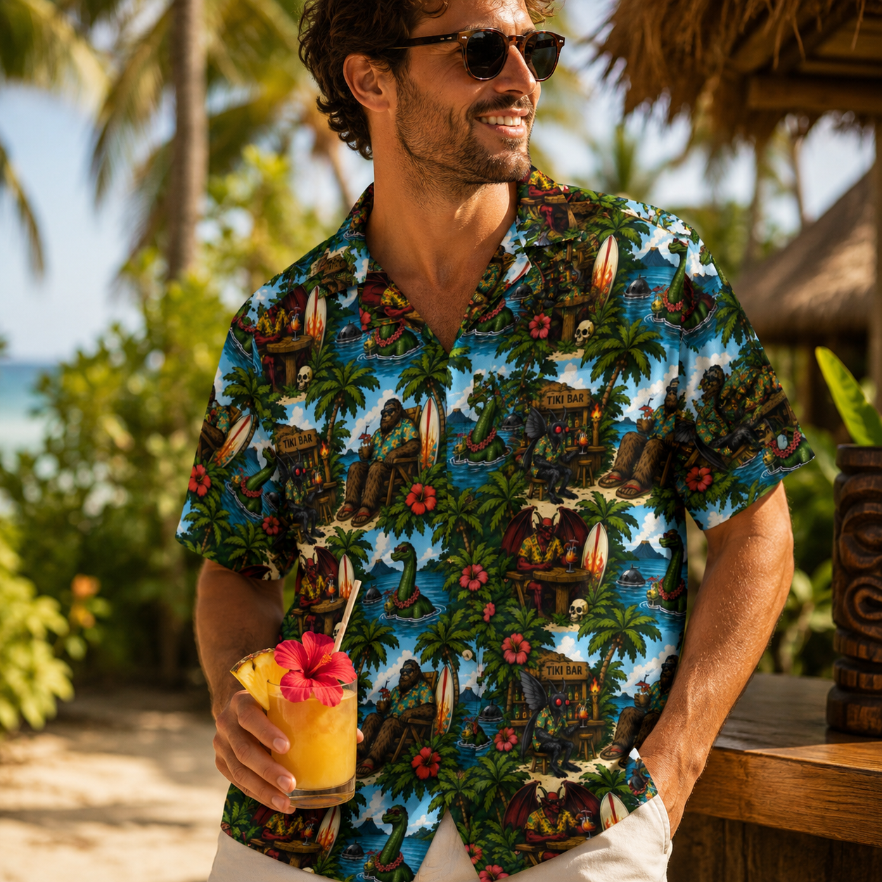 Bigfoot Hawaiian shirt with tropical Sasquatch tiki print, unisex button-up with UPF 50+ sun protection