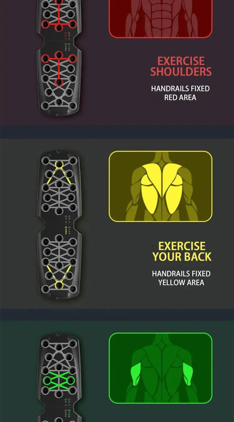 Multifunctional Portable Push-Up Board Set with color-coded hand positions for targeted muscle workouts and easy storage