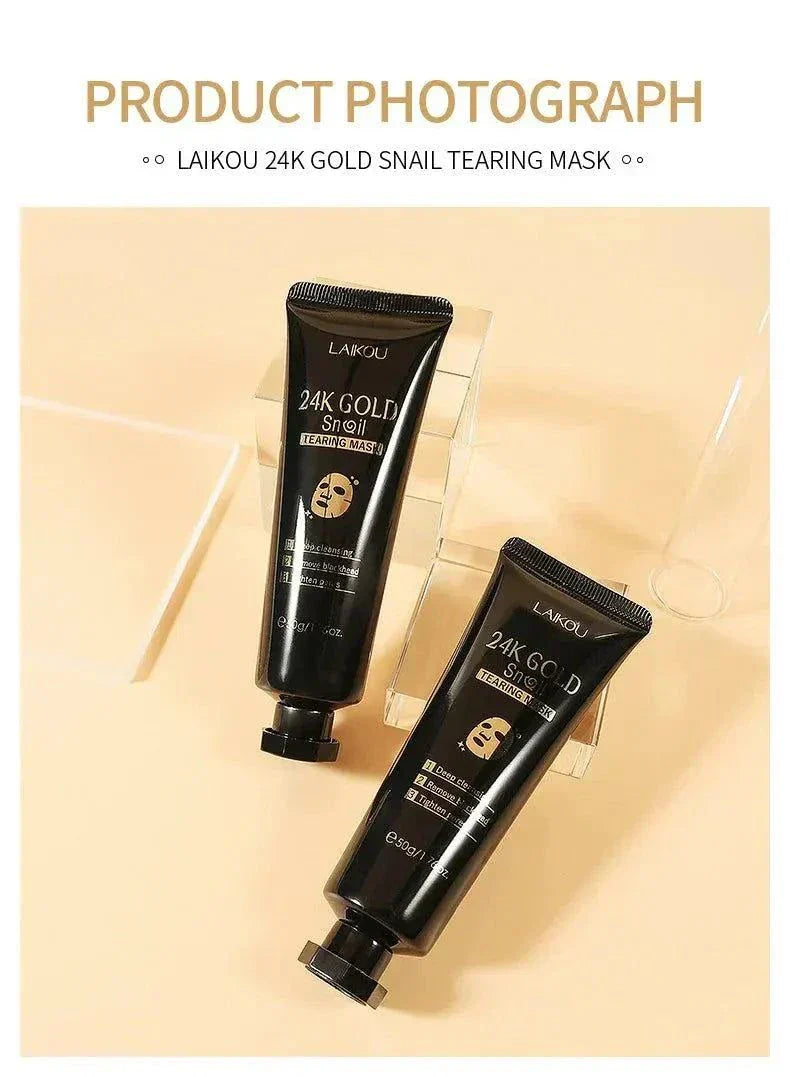 24K Gold Collagen Snail Peel-Off Mask detoxifies, hydrates, and rejuvenates skin for a radiant glow