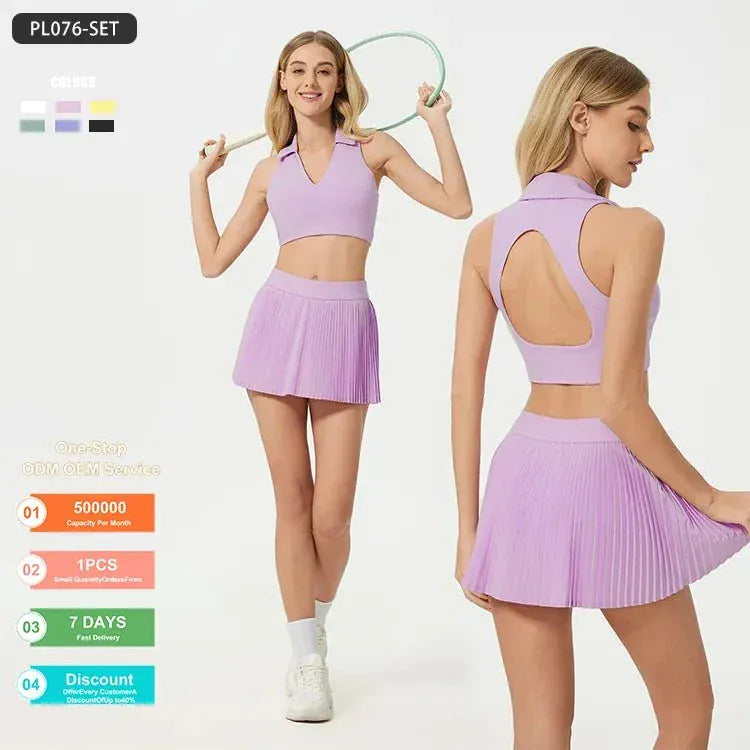 Women's polo collar sports bra and pleated skirt activewear set for tennis and fitness training