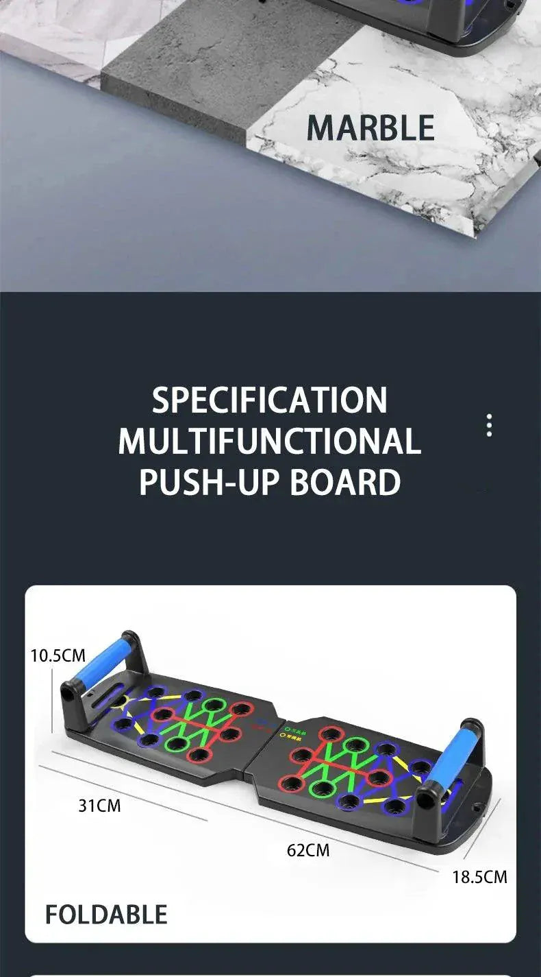 Multifunctional portable push-up board set with color-coded positions for chest, arms, back, and abs workout.