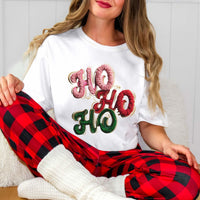 White T-shirt with faux puffy crochet Ho Ho Ho Christmas graphic design