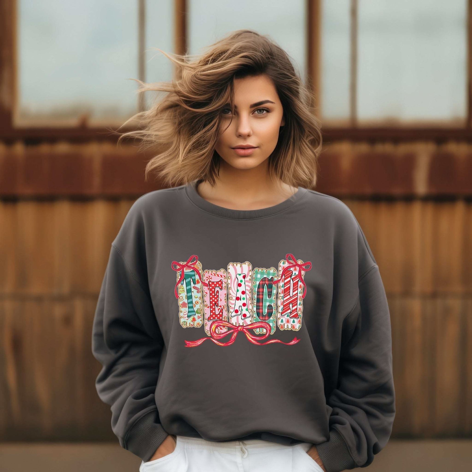 Preppy Teach Christmas sweatshirt with festive design for holiday gifting and winter wear