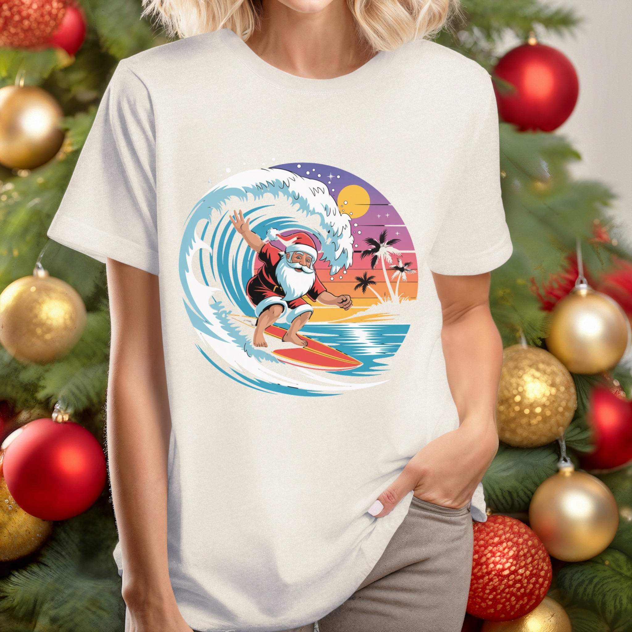 True Navy cotton T-shirt featuring a festive Surfing Santa design, perfect for holiday wear from Printify.
