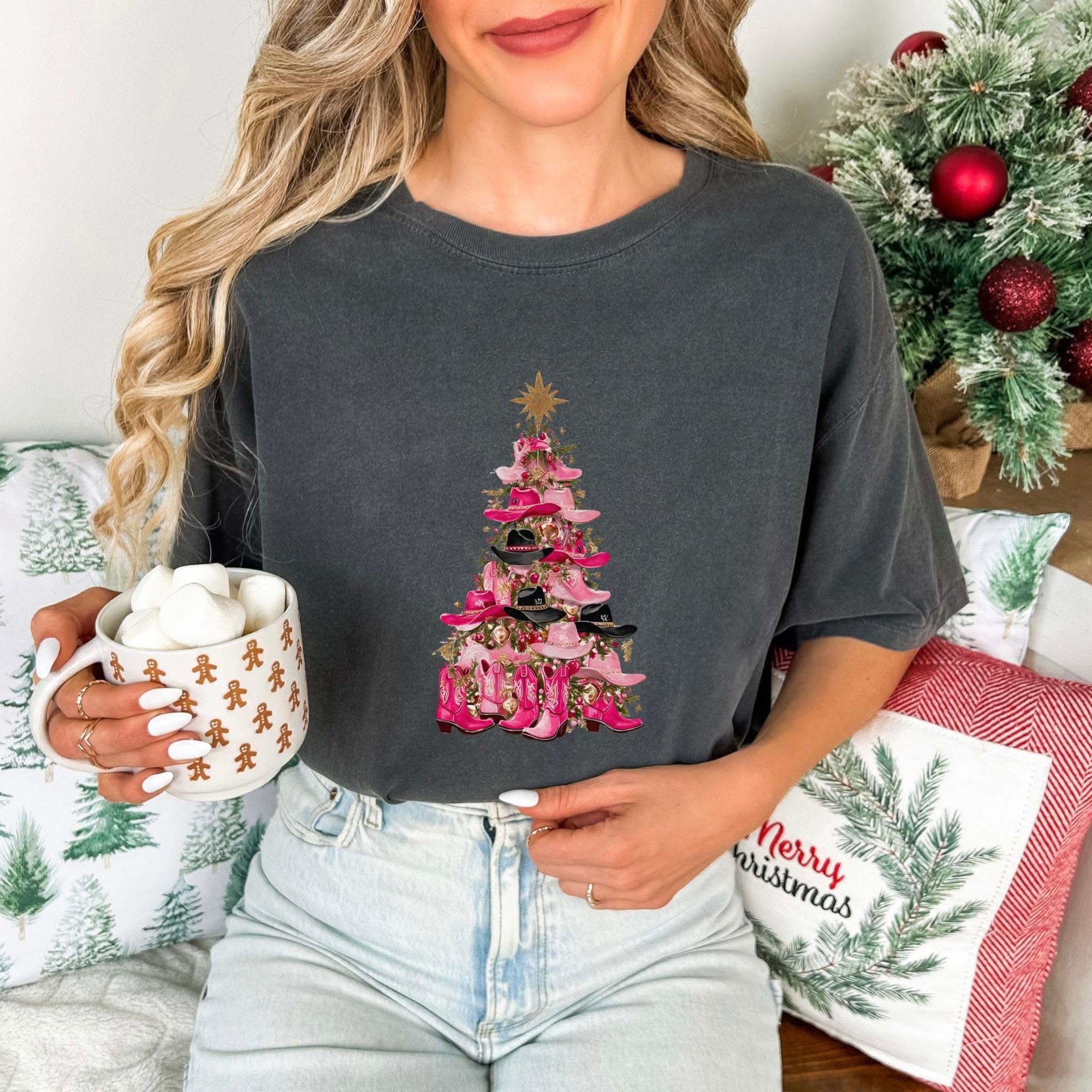 Cowgirl Christmas Tree T-shirt with western Christmas design on a festive holiday tee