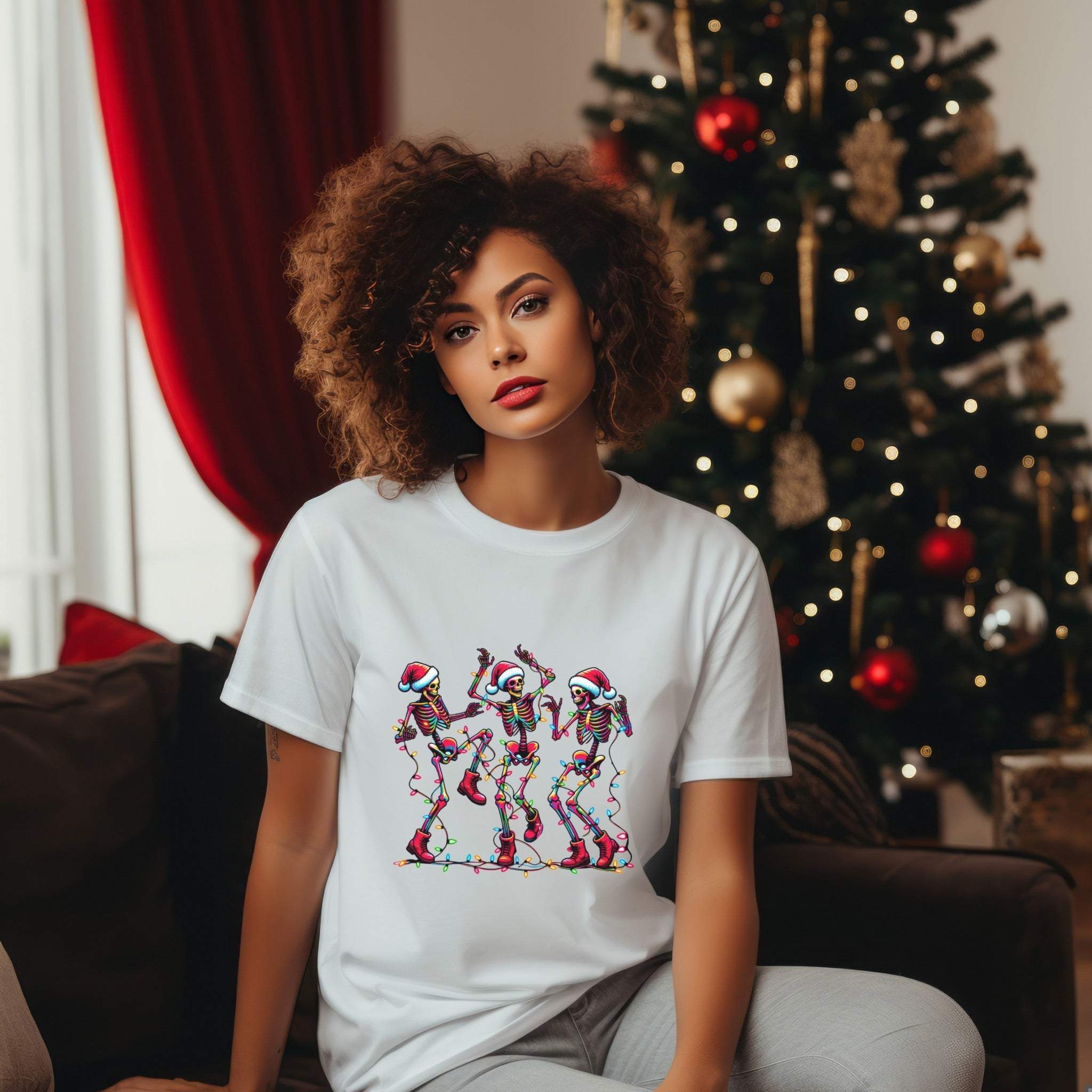 Unisex Christmas Dancing Skeletons Tee with festive dancing skeleton design on breathable cotton shirt