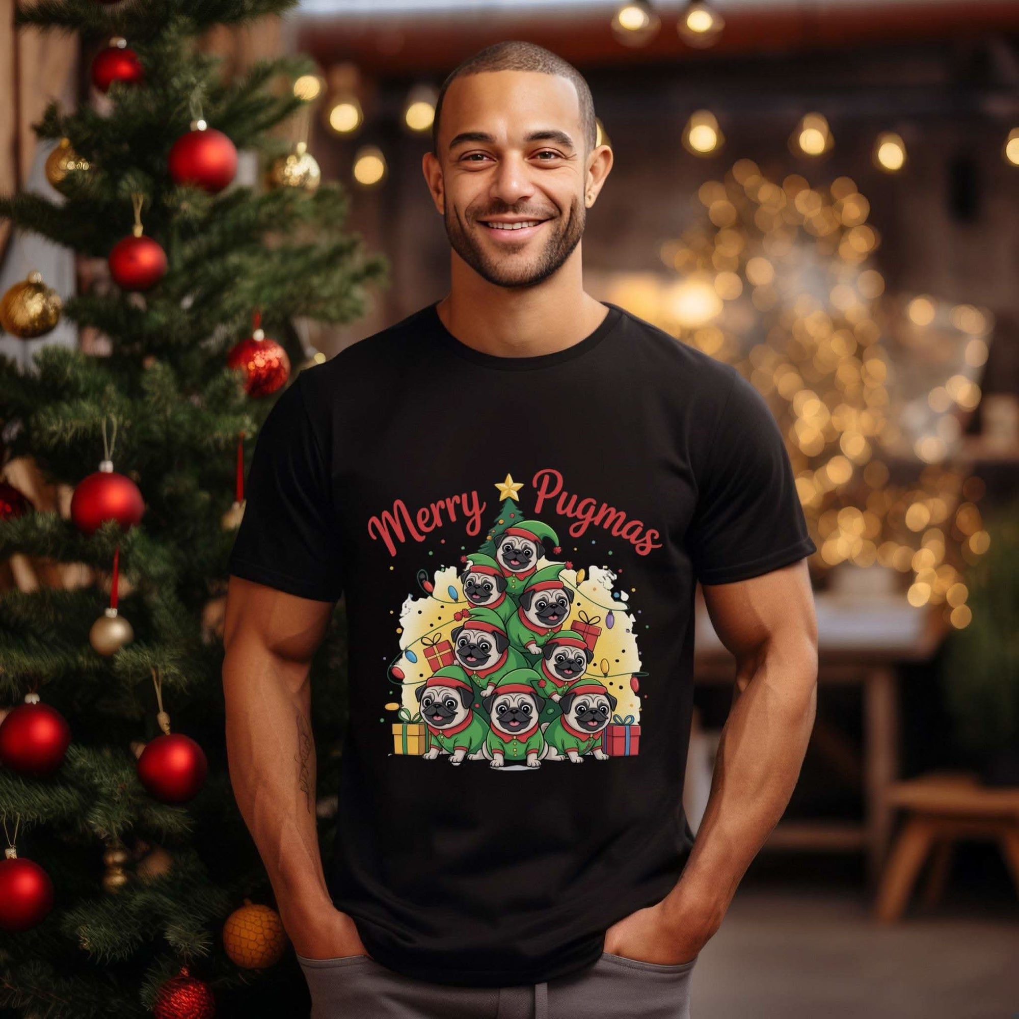 Merry Pugmas T-Shirt featuring festive pug design for holiday cheer and dog lovers