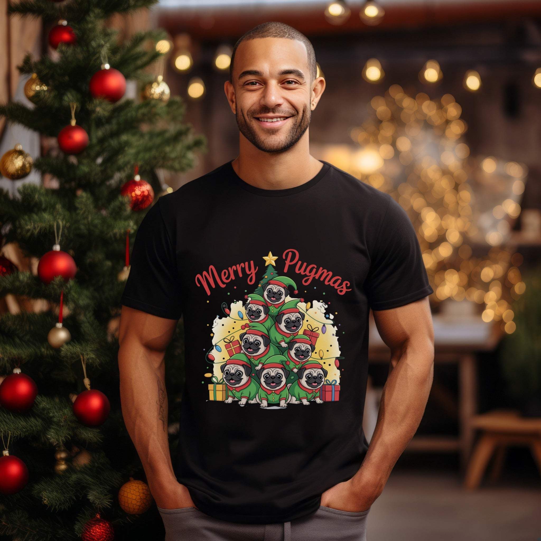 Man wearing black Merry Pugmas T-Shirt with festive pug design by decorated Christmas tree
