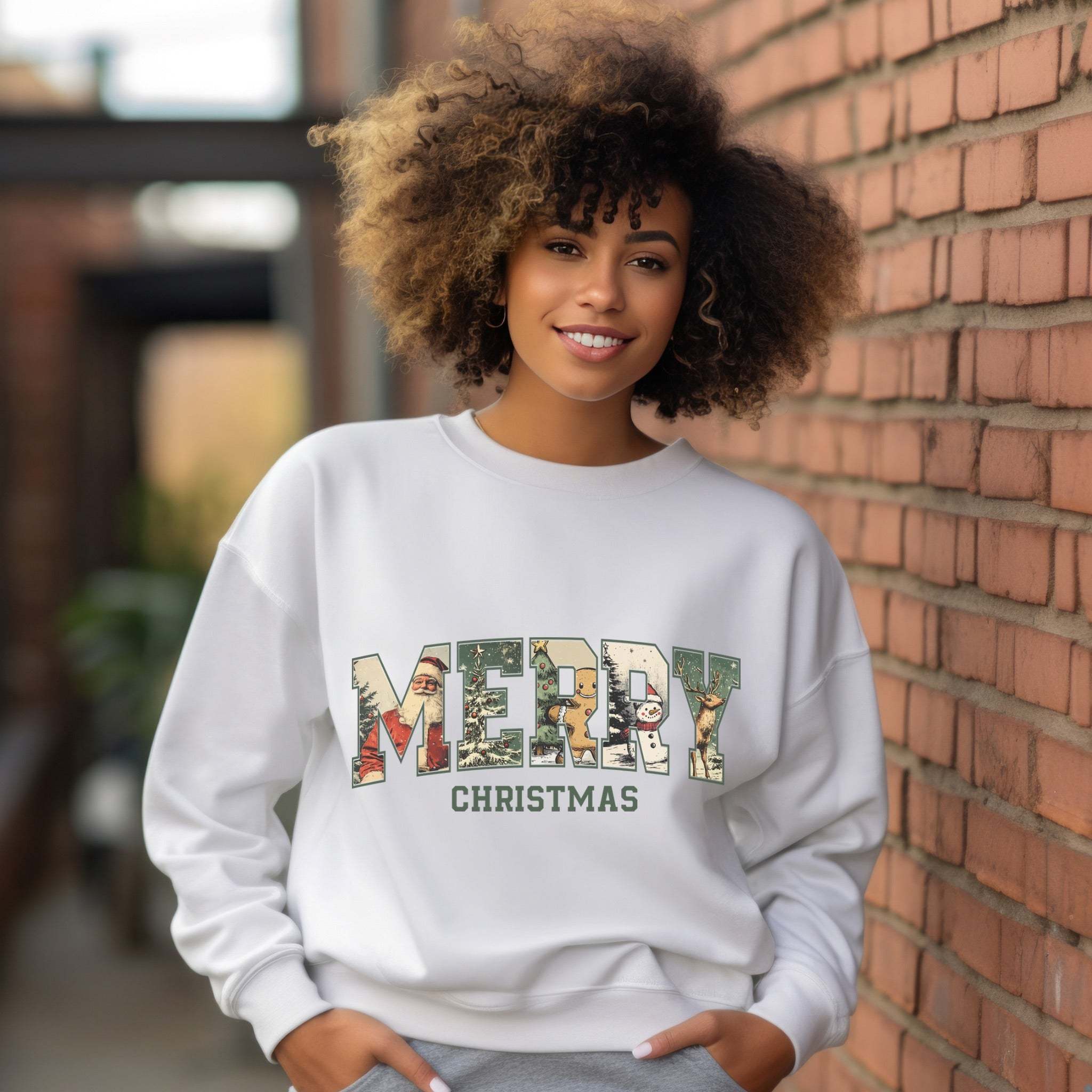woman wearing vintage varsity merry christmas sweatshirt with festive letter design outdoors by brick wall