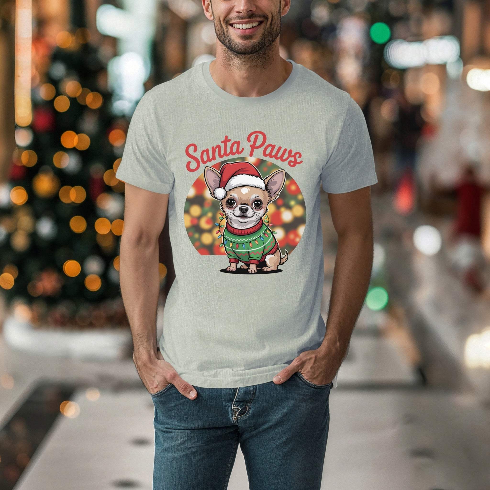 Chihuahua Santa Paws festive holiday t-shirt with Santa hat design for dog lovers