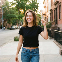 Women wearing cropped baby tee seamless t-shirt made of lightweight 100% cotton streetwear style