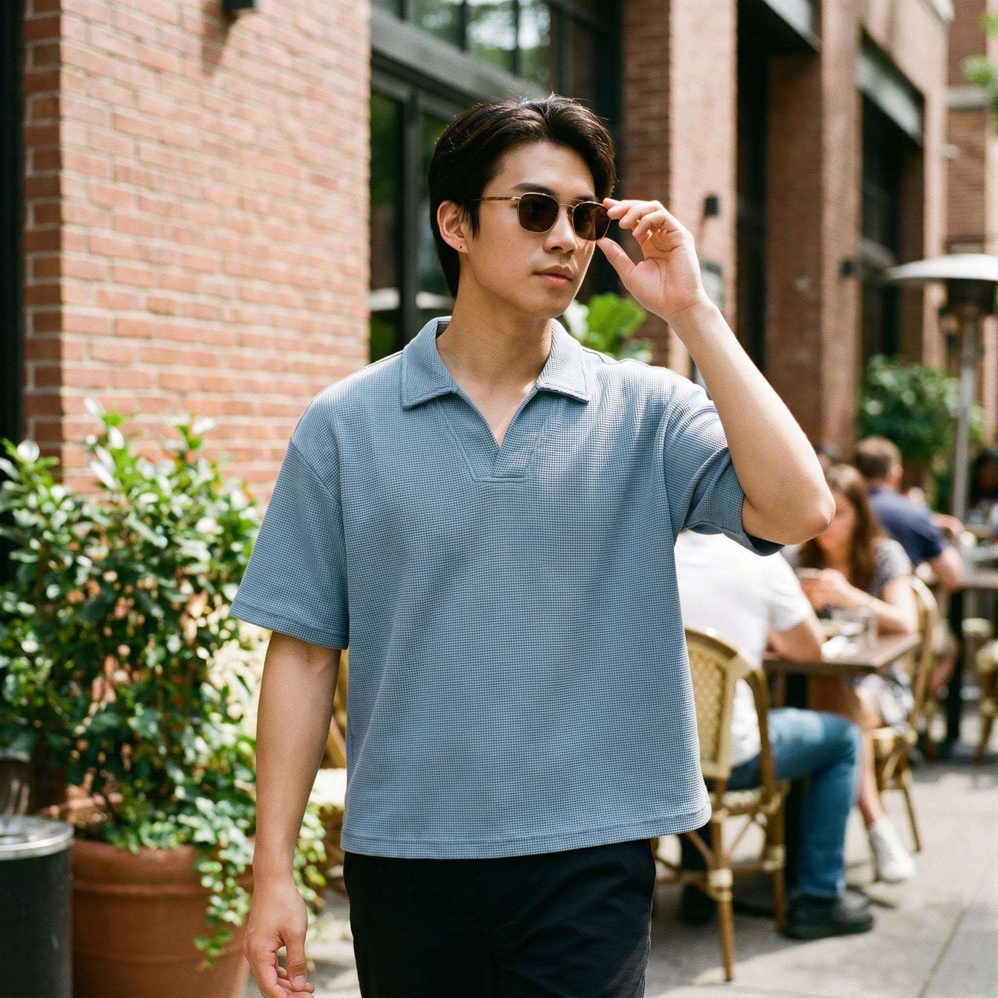 Unisex Waffle Boxy Polo Shirt | Oversized Vintage Streetwear Cotton Blend Tee