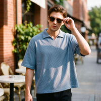 Oversized unisex waffle polo shirt with boxy fit and vintage streetwear style in breathable cotton blend fabric