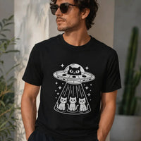 Black Cat UFO Abduction T-shirt with alien spaceship and beaming cats graphic on starry background