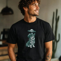 Alien Corgi Illustration Tee with corgi wearing cowboy hat under hovering UFO graphic on cotton t-shirt
