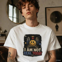 Surreal Weirdcore t-shirt featuring faded smiley face in eerie liminal hallway under glowing EXIT sign with "I AM NOT REAL TODAY" text