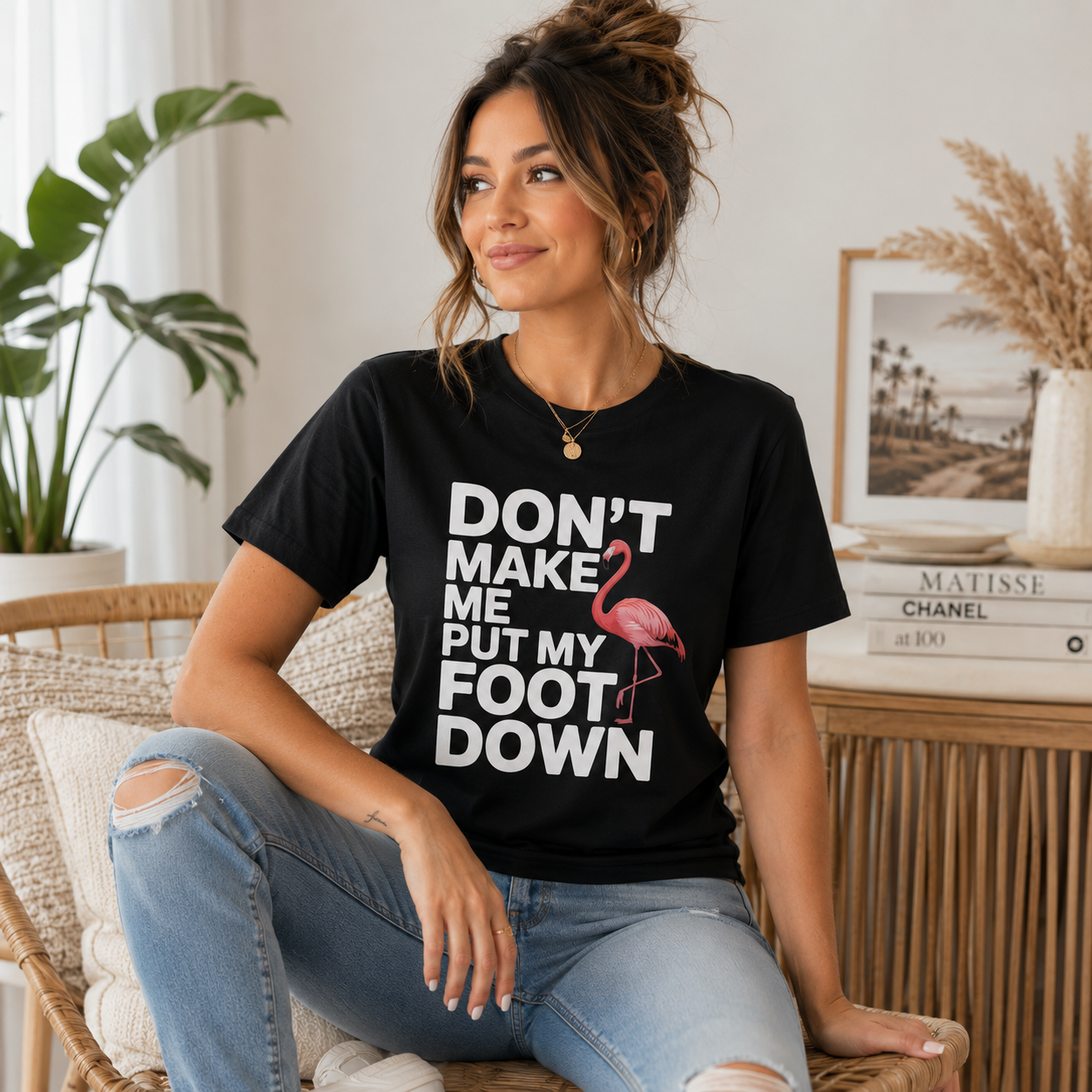 Dont Make Me Put My Foot Down flamingo T-shirt with bold white text and pink flamingo graphic on vintage garment-dyed cotton fabric