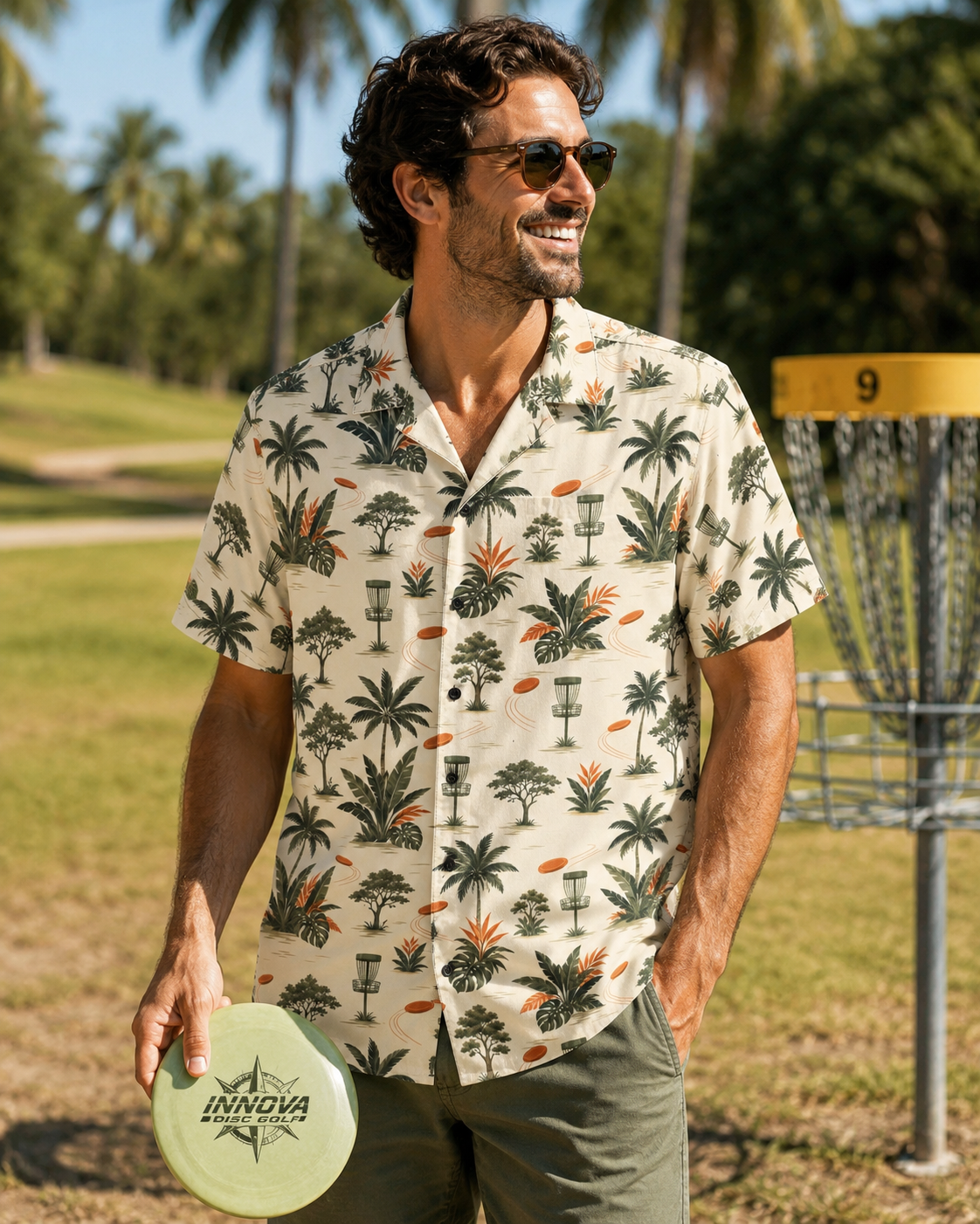 Tropical disc golf Hawaiian shirt with flying discs, palm trees, and baskets all-over print