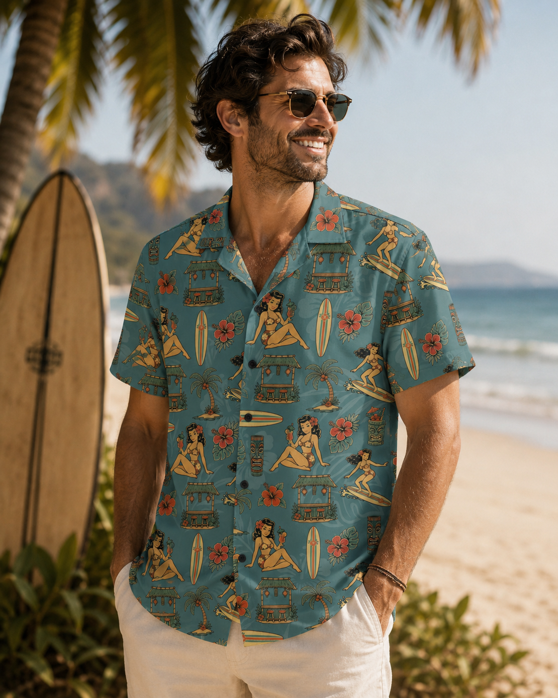 Retro Pinup Hawaiian Shirt with vintage 50s surf girl tropical print and tiki motifs
