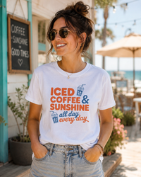 Iced Coffee & Sunshine casual summer graphic tee with playful iced coffee print on bright fabric