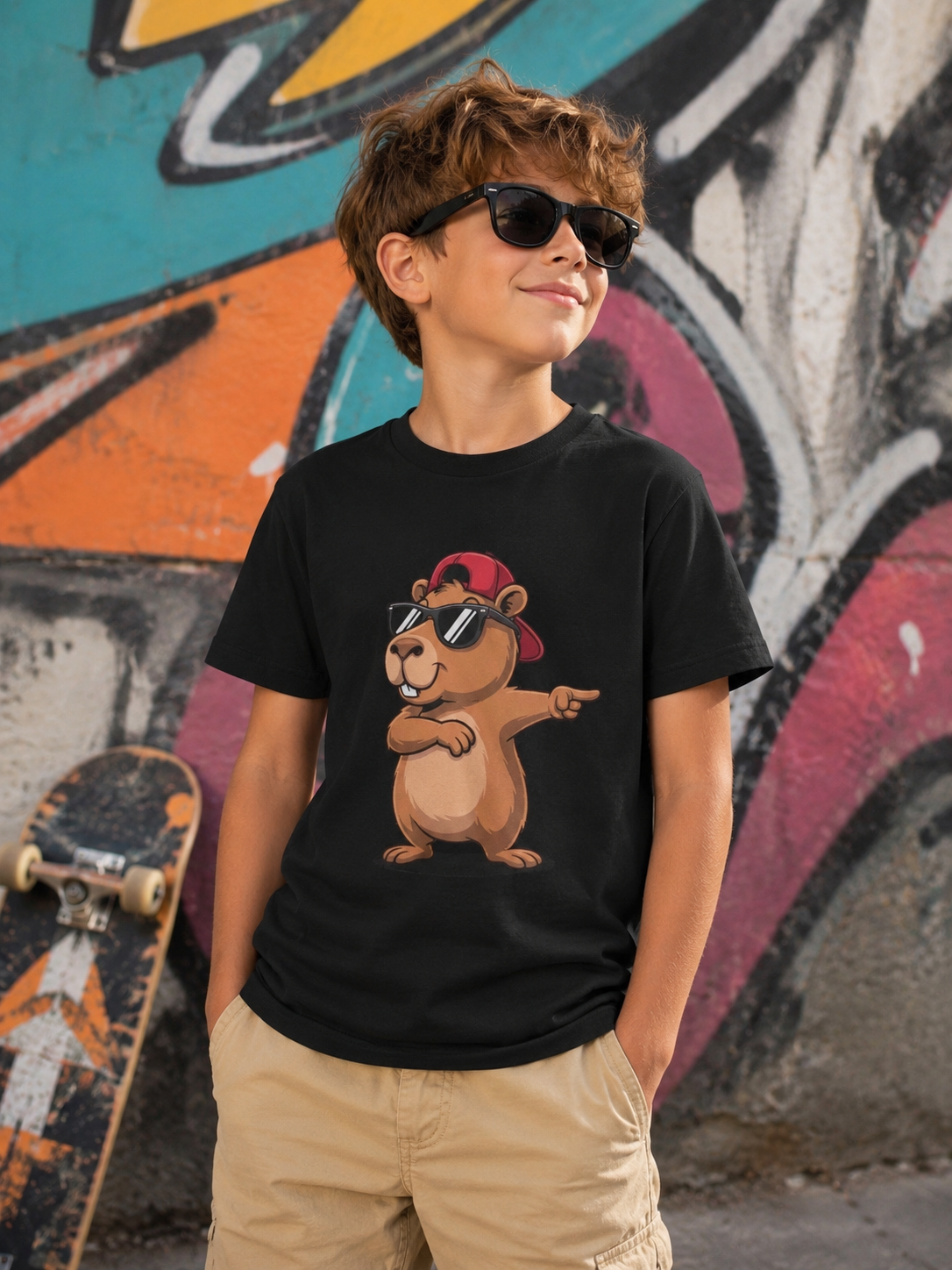 Youth tee featuring a cool capybara wearing a hat and sunglasses on soft cotton fabric