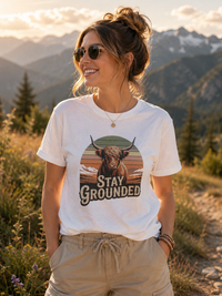 Stay Grounded Rocker T-Shirt in soft organic cotton with mantra-inspired design for everyday comfort and style