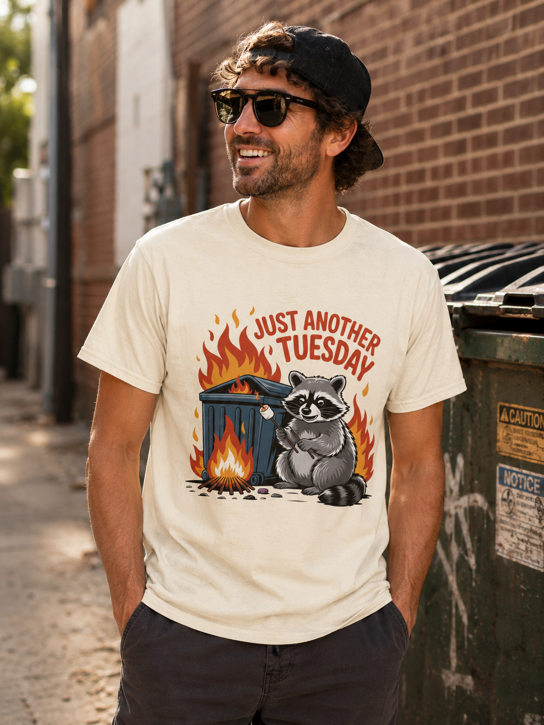 Raccoon Dumpster Fire T-shirt with mischievous raccoon and "Just Another Tuesday" text on vintage-style cotton